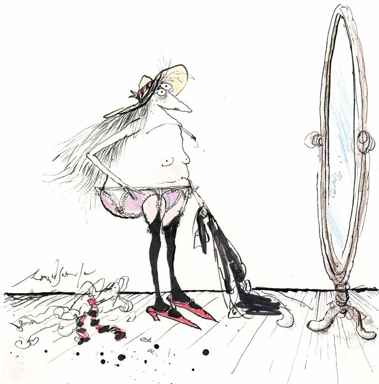 Ronald Searle: “Some corner of a foreign field that is for ever England ...” (Telescopic photo, taken through the window of the ladies' room of a well-known Port Said hostelry.) 1981.
Wilhelm Busch – Deutsches Museum für Karikatur und Zeichenkunst. Dauerleihgabe STIFTUNG NIEDERSACHSEN © The Ronald Searle Cultural Trust.